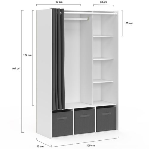 Dressing Penderie Diane 105 X 45 X 167 Cm Blanc Avec Étagères + Boites De Rangement + Rideau Gris