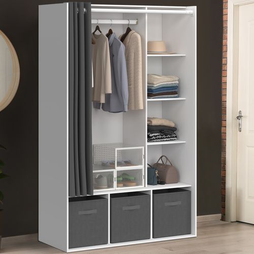 Dressing Penderie Diane 105 X 45 X 167 Cm Blanc Avec Étagères + Boites De Rangement + Rideau Gris