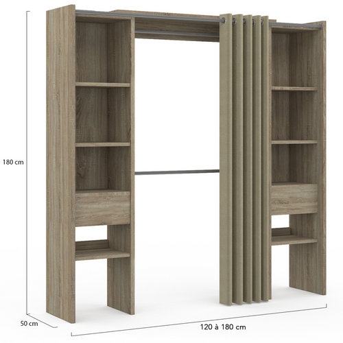 Dressing Extensible Double Meryl 120/180 X 50 X 180 Cm Hêtre Avec étagères + Double Penderie + Ridea