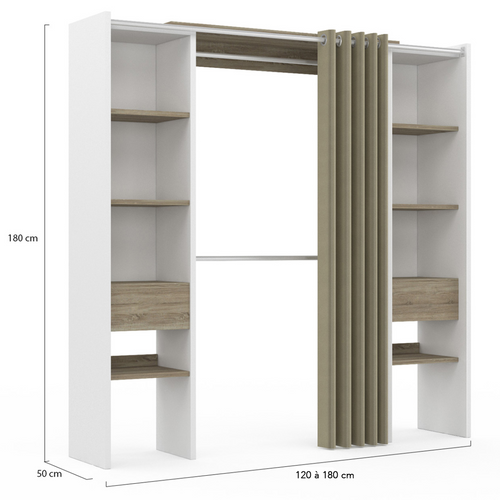 Dressing Extensible Double Meryl 120/180 X 50 X 180 Cm Blanc Avec étagères Hêtre + Double Penderie +