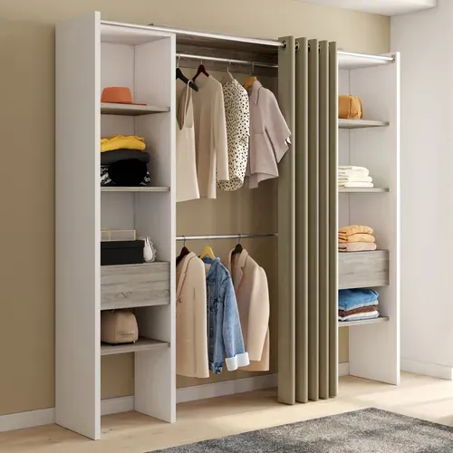 Dressing Extensible Double Meryl 120/180 X 50 X 180 Cm Blanc Avec étagères Hêtre + Double Penderie +