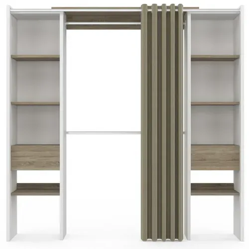 Dressing Extensible Double Meryl 120/180 X 50 X 180 Cm Blanc Avec étagères Hêtre + Double Penderie +