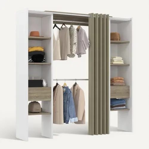 Dressing Extensible Double Meryl 120/180 X 50 X 180 Cm Blanc Avec étagères Hêtre + Double Penderie +