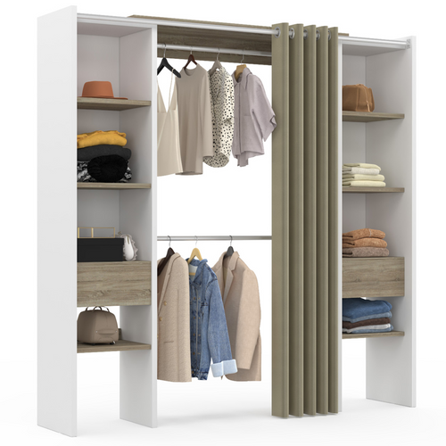 Dressing Extensible Double Meryl 120/180 X 50 X 180 Cm Blanc Avec étagères Hêtre + Double Penderie +