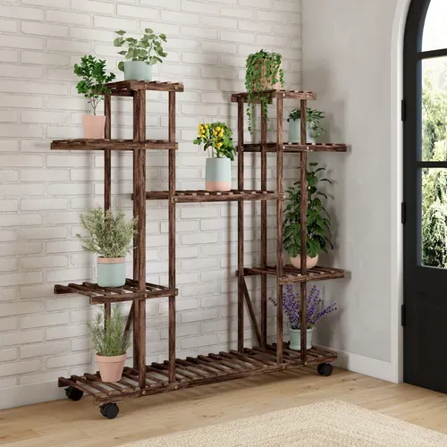Etagère à Pots De Fleurs Porte Plante En Bois 8 Niveaux à Roulettes