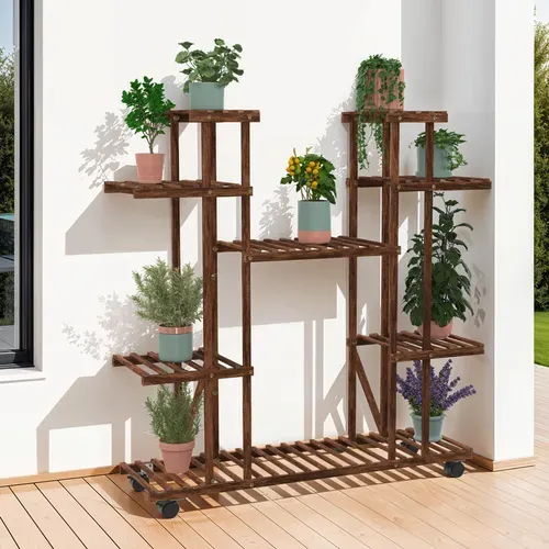 Etagère à Pots De Fleurs Porte Plante En Bois 8 Niveaux à Roulettes