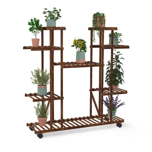 Etagère à Pots De Fleurs Porte Plante En Bois 8 Niveaux à Roulettes
