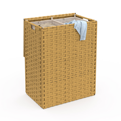 Panier à Linge 2 Bacs Effet Rotin Alvin Tissu écru
