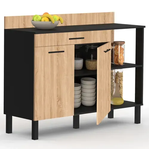 Buffet Bas De Cuisine 120 Cm Cina Plan De Travail H.83 Cm 2 Portes + Tiroir Noir Et Façon Hêtre