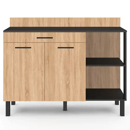Buffet Bas De Cuisine 120 Cm Cina Plan De Travail H.83 Cm 2 Portes + Tiroir Noir Et Façon Hêtre