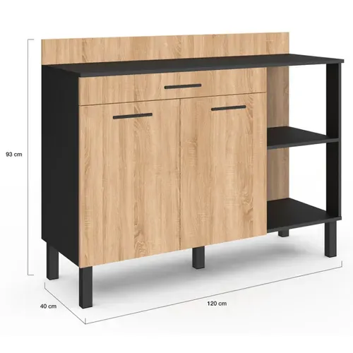 Buffet Bas De Cuisine 120 Cm Cina Plan De Travail H.83 Cm 2 Portes + Tiroir Noir Et Façon Hêtre