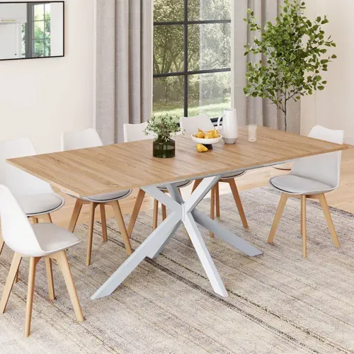 Table à Manger Extensible Rectangle Alix 6-10 Personnes Bois Et Blanc 160-200 Cm
