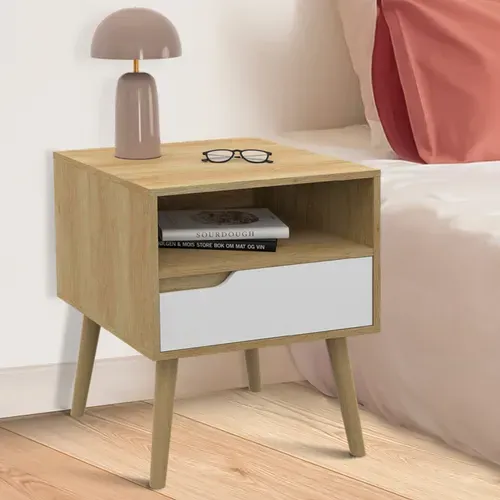 Lot De 2 Tables De Chevet Helsinki Scandinaves 1 Tiroir Avec Niche Effet Hêtre Et Blanc