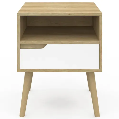 Lot De 2 Tables De Chevet Helsinki Scandinaves 1 Tiroir Avec Niche Effet Hêtre Et Blanc