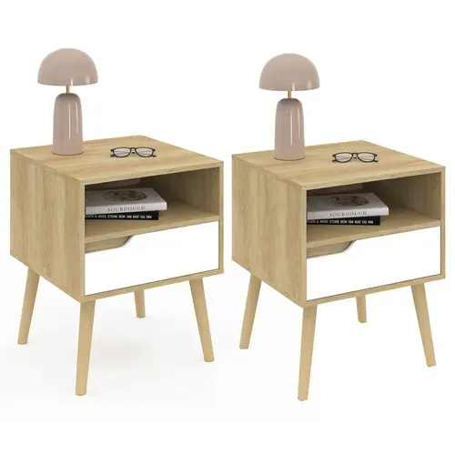 Lot De 2 Tables De Chevet Helsinki Scandinaves 1 Tiroir Avec Niche Effet Hêtre Et Blanc