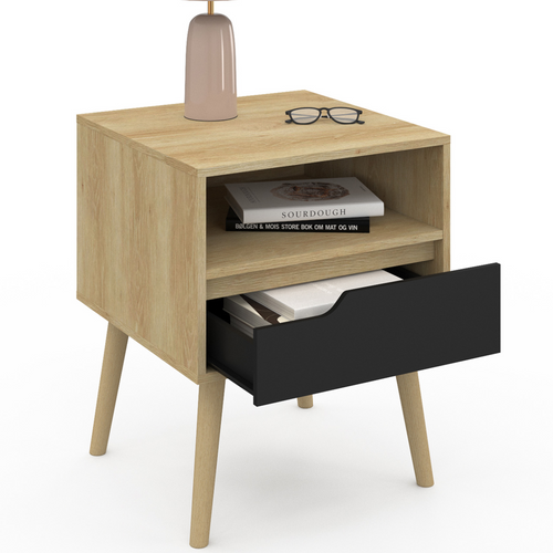 Lot De 2 Tables De Chevet Helsinki Scandinaves 1 Tiroir Avec Niche Effet Hêtre Et Noir