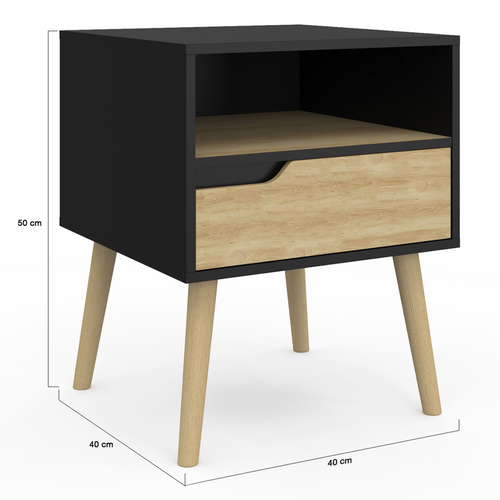 Lot De 2 Tables De Chevet Helsinki Scandinaves 1 Tiroir Avec Niche Noir Et Effet Hêtre
