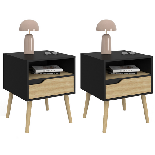 Lot De 2 Tables De Chevet Helsinki Scandinaves 1 Tiroir Avec Niche Noir Et Effet Hêtre