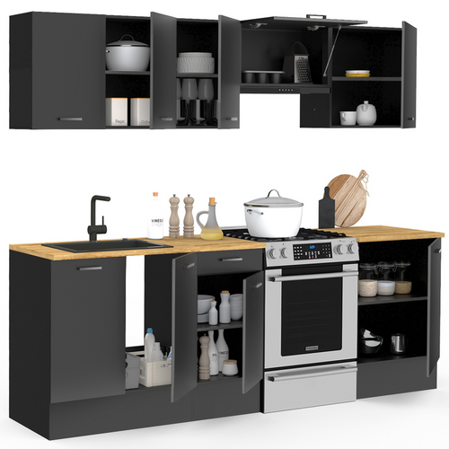 Cuisine Complète 240 Cm Subtil Avec Plan De Travail 7 éléments Noir Et Plateaux Bois