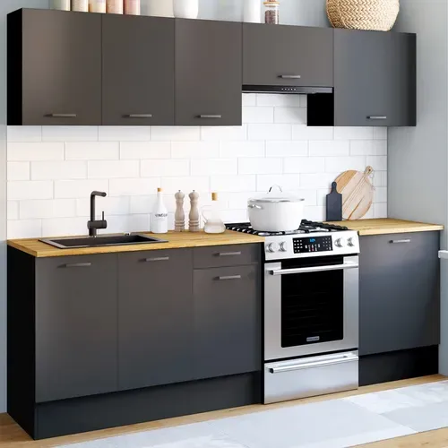Cuisine Complète 240 Cm Subtil Avec Plan De Travail 7 éléments Noir Et Plateaux Bois