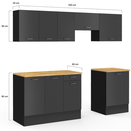Cuisine Complète 240 Cm Subtil Avec Plan De Travail 7 éléments Noir Et Plateaux Bois