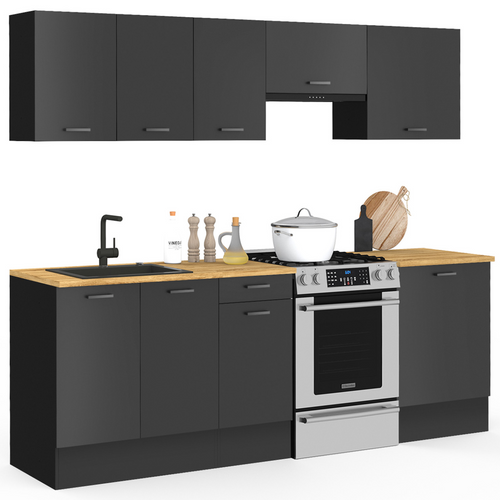 Cuisine Complète 240 Cm Subtil Avec Plan De Travail 7 éléments Noir Et Plateaux Bois