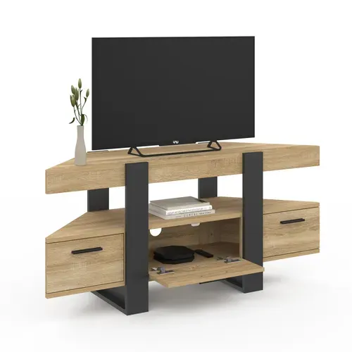 Meuble TV 110 Cm D'angle Phoenix Avec Tiroir Bois Et Noir