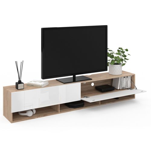 Meuble TV 180 Cm Suspendu Elio 2 Portes Avec Étagère Bois Et Blanc