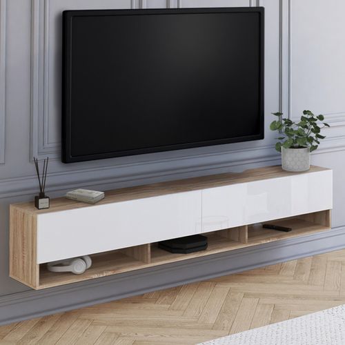 Meuble TV 180 Cm Suspendu Elio 2 Portes Avec Étagère Bois Et Blanc