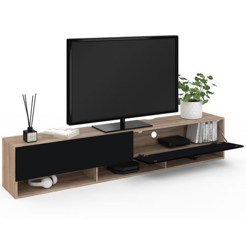 Meuble TV 180 Cm Suspendu Elio 2 Portes Avec étagère Bois Et Noir