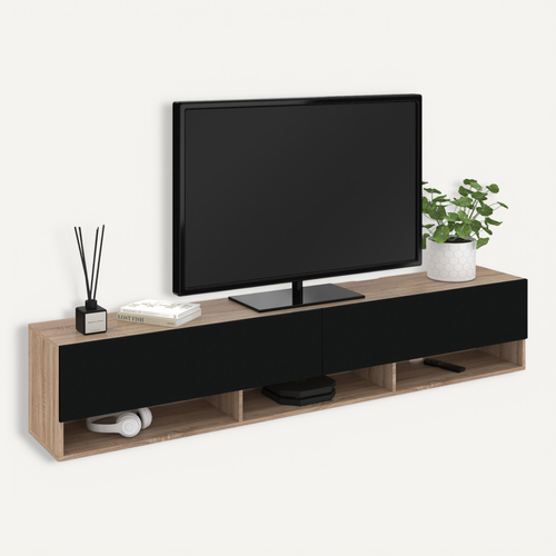 Meuble TV 180 Cm Suspendu Elio 2 Portes Avec étagère Bois Et Noir