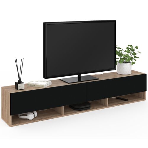 Meuble TV 180 Cm Suspendu Elio 2 Portes Avec étagère Bois Et Noir