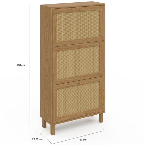 Meuble à Chaussures 18 Paires Hanae 3 Portes Effet Naturel Cannage