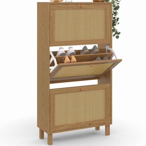 Meuble à Chaussures 18 Paires Hanae 3 Portes Effet Naturel Cannage