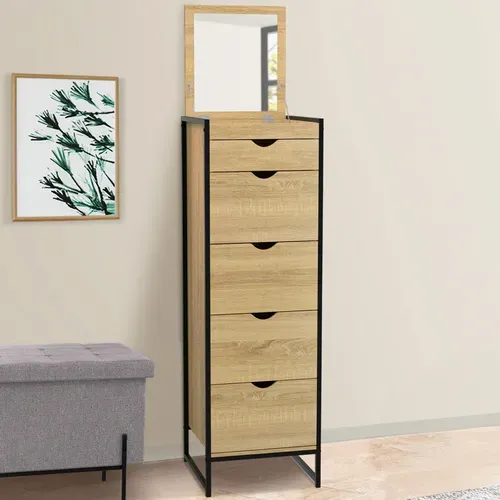 Chiffonnier 5 Tiroirs Detroit 40 Cm Avec Miroir Meuble D'entrée Design Industriel