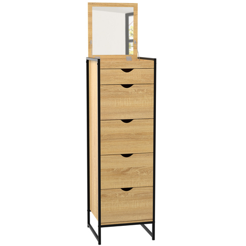 Chiffonnier 5 Tiroirs Detroit 40 Cm Avec Miroir Meuble D'entrée Design Industriel