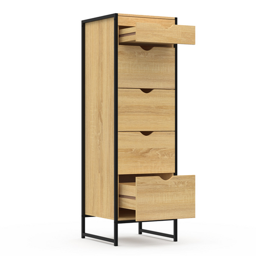 Chiffonnier 5 Tiroirs Detroit 40 Cm Avec Miroir Meuble D'entrée Design Industriel