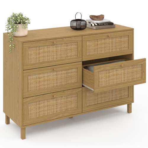 Commode 6 Tiroirs Hanae 115 Cm Effet Naturel Cannage