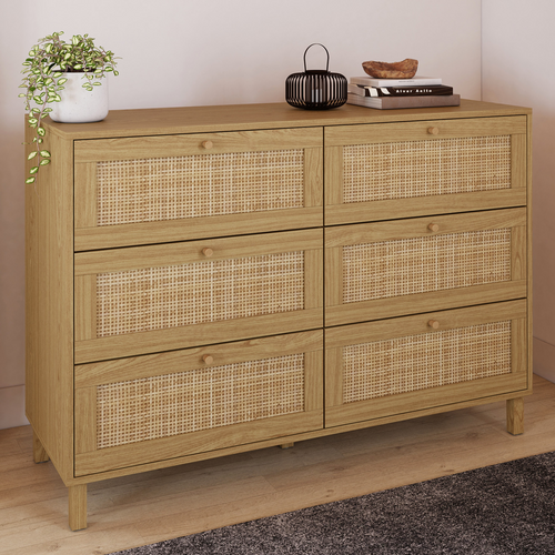 Commode 6 Tiroirs Hanae 115 Cm Effet Naturel Cannage