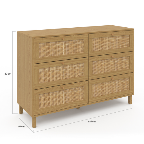 Commode 6 Tiroirs Hanae 115 Cm Effet Naturel Cannage