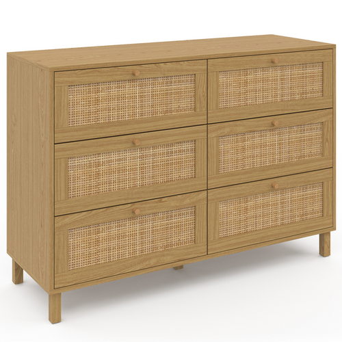 Commode 6 Tiroirs Hanae 115 Cm Effet Naturel Cannage