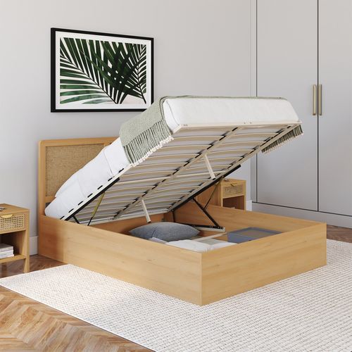 Lit Coffre Double Edhen Avec Tête De Lit Cannage Et Sommier 140 X 190 Cm Coloris Bois