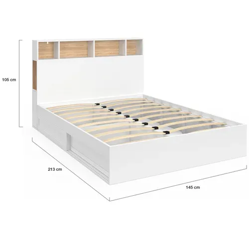 Lit Double Clem Avec Tête De Lit, Rangements Et Sommier 140 X 190 Cm Blanc