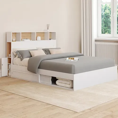 Lit Double Clem Avec Tête De Lit, Rangements Et Sommier 140 X 190 Cm Blanc