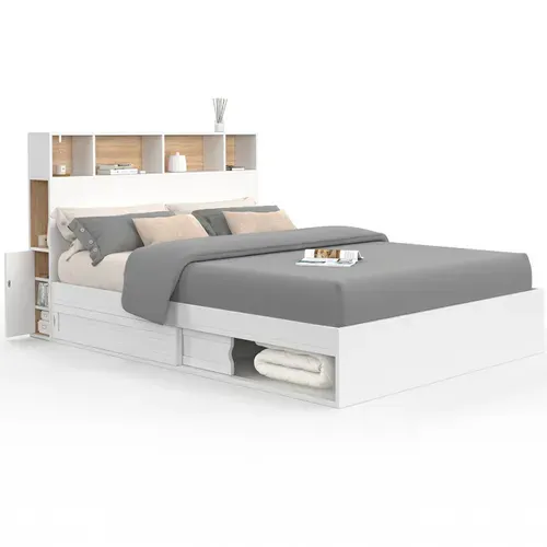 Lit Double Clem Avec Tête De Lit, Rangements Et Sommier 140 X 190 Cm Blanc