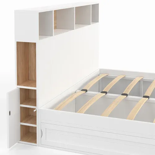 Lit Double Clem Avec Tête De Lit, Rangements Et Sommier 140 X 190 Cm Blanc