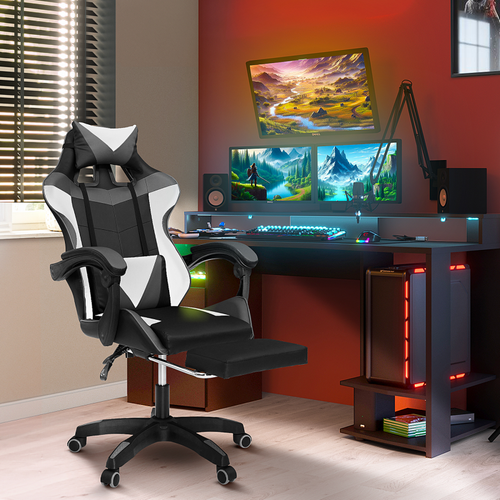 Fauteuil De Gaming Alex Réglable Repose-pied, Coussin De Tête Et Lombaire Noir Blanc Et Gris