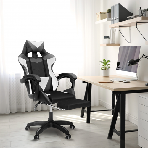 Fauteuil De Gaming Alex Réglable Repose-pied, Coussin De Tête Et Lombaire Noir Blanc Et Gris
