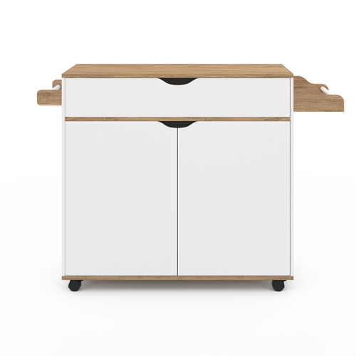 Desserte De Cuisine Cosy XXL Placard Avec Tiroir Blanc Et Plateaux Façon Hêtre L.90 Cm