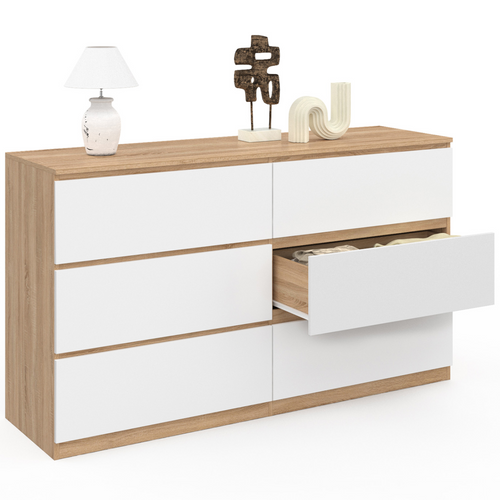 Commode 6 Tiroirs Tomi XXL 140 Cm Bois Façon Hêtre Et Blanc